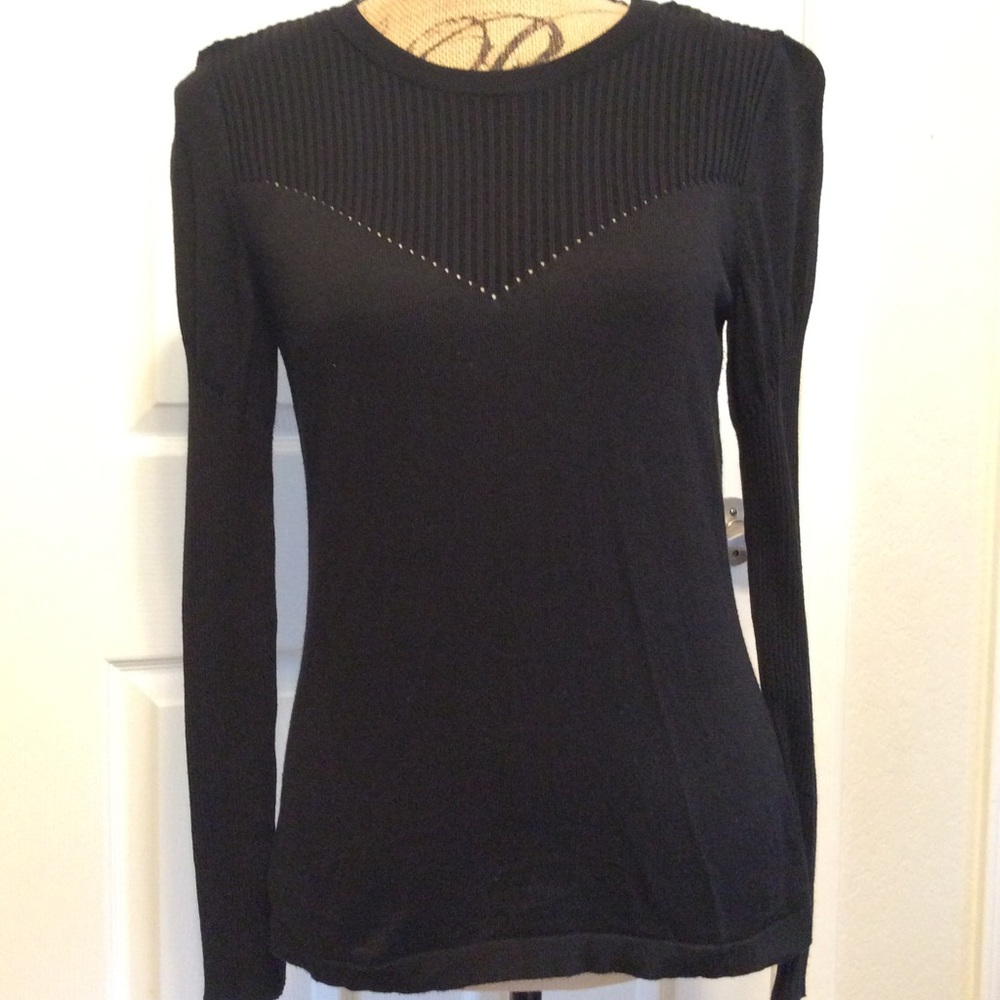 Vince Camuto puff long sleeved fitted black cotton blend scoop neckline knit top